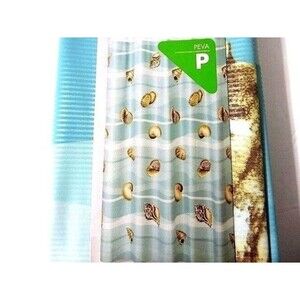 Shell Stripe Vinyl Shower Curtain Nautical Ocean Sea Blue Tan Waterproof Bath